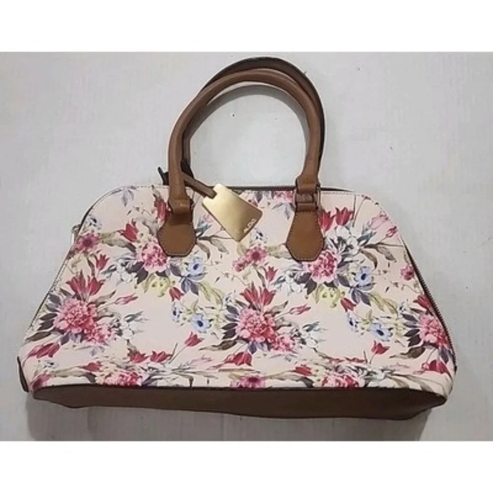 Floral Print Satchel Handbag in Cream and Brown